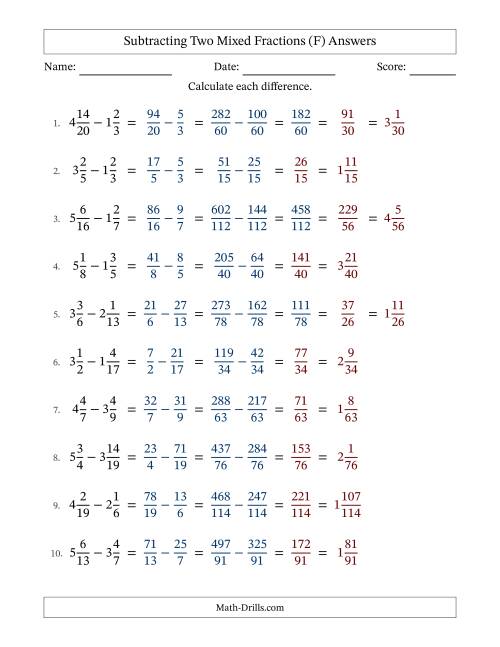 The Subtracting Two Mixed Fractions with Unlike Denominators, Mixed Fractions Results and Some Simplifying (Fillable) (F) Math Worksheet Page 2