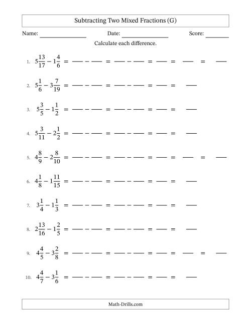 The Subtracting Two Mixed Fractions with Unlike Denominators, Mixed Fractions Results and Some Simplifying (Fillable) (G) Math Worksheet