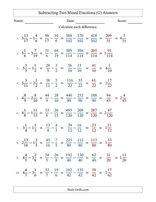 The Subtracting Two Mixed Fractions with Unlike Denominators, Mixed Fractions Results and Some Simplifying (Fillable) (G) Math Worksheet Page 2