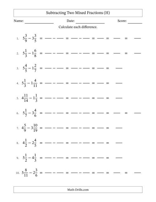 The Subtracting Two Mixed Fractions with Unlike Denominators, Mixed Fractions Results and Some Simplifying (Fillable) (H) Math Worksheet