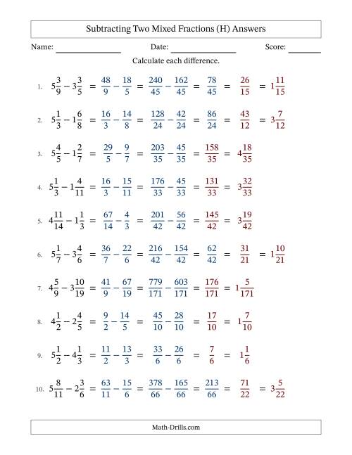 The Subtracting Two Mixed Fractions with Unlike Denominators, Mixed Fractions Results and Some Simplifying (Fillable) (H) Math Worksheet Page 2