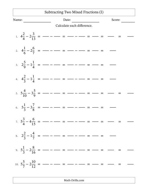 The Subtracting Two Mixed Fractions with Unlike Denominators, Mixed Fractions Results and Some Simplifying (Fillable) (I) Math Worksheet