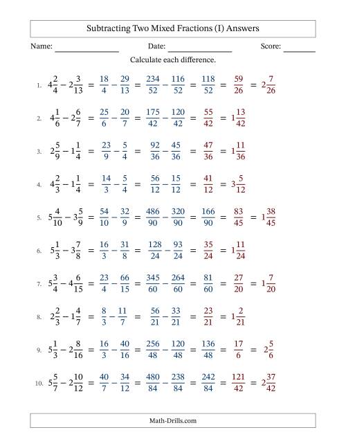 The Subtracting Two Mixed Fractions with Unlike Denominators, Mixed Fractions Results and Some Simplifying (Fillable) (I) Math Worksheet Page 2
