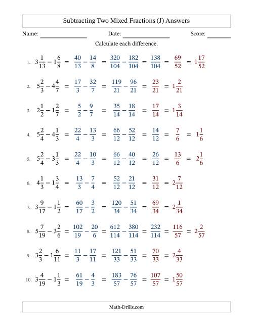 The Subtracting Two Mixed Fractions with Unlike Denominators, Mixed Fractions Results and Some Simplifying (Fillable) (J) Math Worksheet Page 2