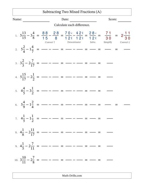 The Subtracting Two Mixed Fractions with Unlike Denominators, Mixed Fractions Results and Some Simplifying (Fillable) (All) Math Worksheet