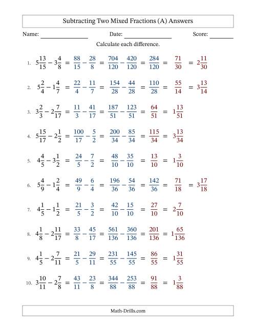 The Subtracting Two Mixed Fractions with Unlike Denominators, Mixed Fractions Results and Some Simplifying (Fillable) (All) Math Worksheet Page 2