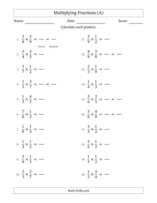 The Multiplying Two Proper Fractions with Some Simplifying (Fillable) (A) Math Worksheet
