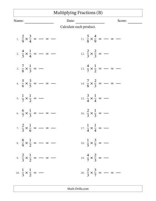 The Multiplying Two Proper Fractions with Some Simplification (Fillable) (B) Math Worksheet