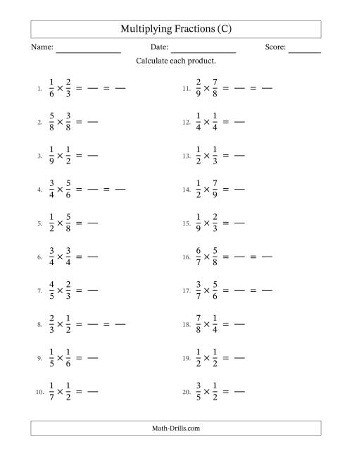 The Multiplying Two Proper Fractions with Some Simplification (Fillable) (C) Math Worksheet