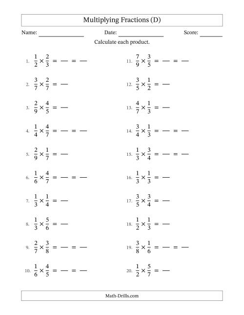 The Multiplying Two Proper Fractions with Some Simplification (Fillable) (D) Math Worksheet