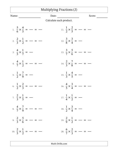 The Multiplying Two Proper Fractions with Some Simplification (Fillable) (J) Math Worksheet