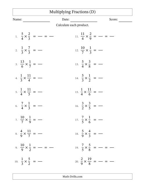 The Multiplying Proper and Improper Fractions with Some Simplification (Fillable) (D) Math Worksheet