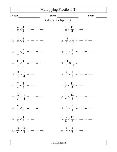 The Multiplying Proper and Improper Fractions with Some Simplification (Fillable) (I) Math Worksheet