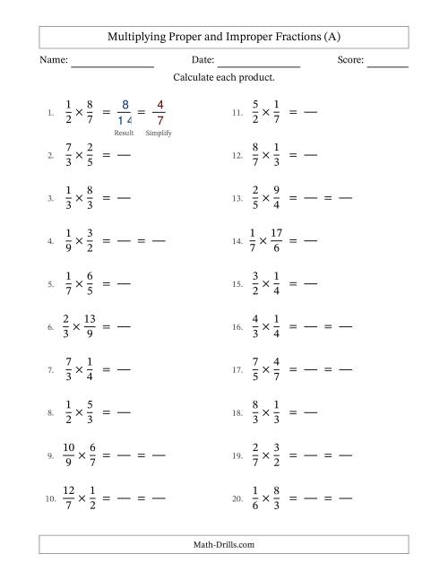 The Multiplying Proper and Improper Fractions with Some Simplifying (Fillable) (All) Math Worksheet