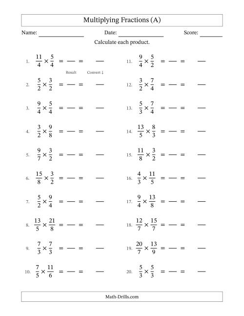 The Multiplying Two Improper Fractions with No Simplifying (Fillable) (A) Math Worksheet