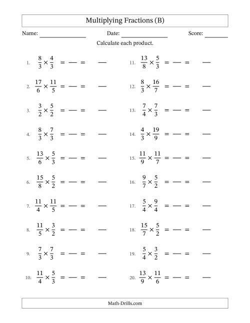 The Multiplying Two Improper Fractions with No Simplification (Fillable) (B) Math Worksheet