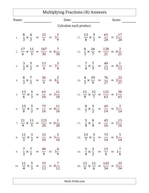 The Multiplying Two Improper Fractions with No Simplification (Fillable) (B) Math Worksheet Page 2