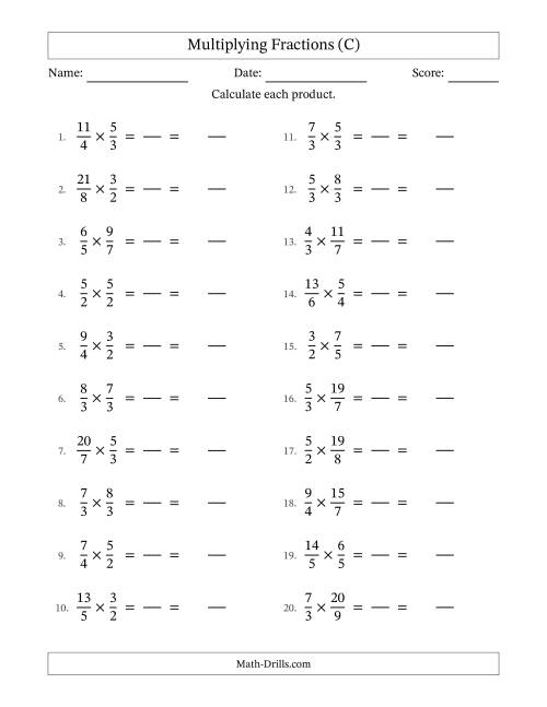 The Multiplying Two Improper Fractions with No Simplification (Fillable) (C) Math Worksheet