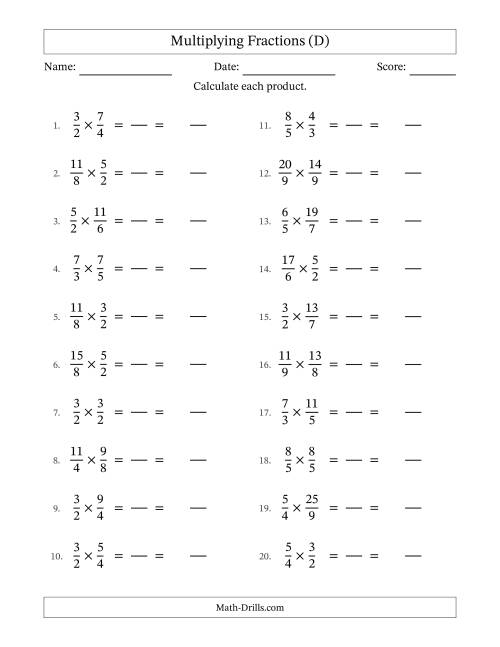 The Multiplying Two Improper Fractions with No Simplification (Fillable) (D) Math Worksheet