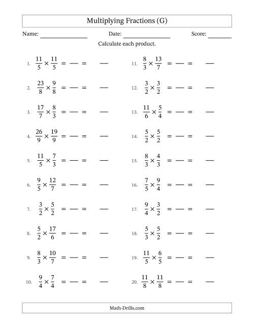 The Multiplying Two Improper Fractions with No Simplification (Fillable) (G) Math Worksheet
