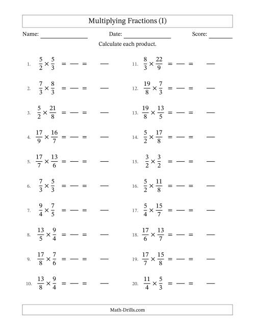 The Multiplying Two Improper Fractions with No Simplification (Fillable) (I) Math Worksheet
