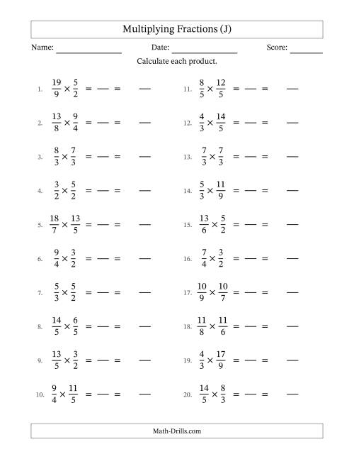 The Multiplying Two Improper Fractions with No Simplification (Fillable) (J) Math Worksheet