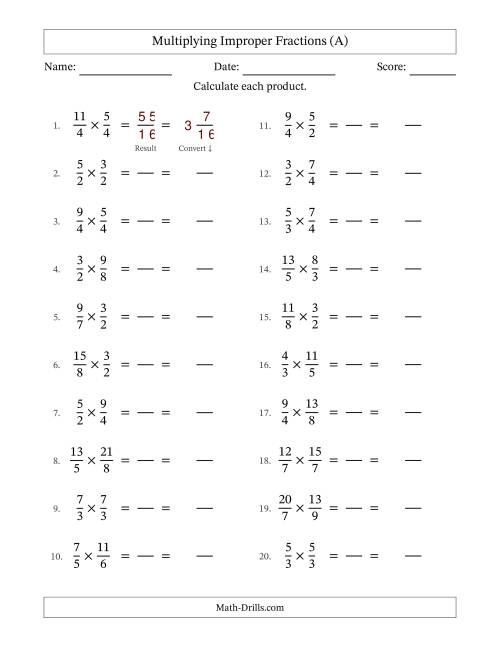 The Multiplying Two Improper Fractions with No Simplifying (Fillable) (All) Math Worksheet