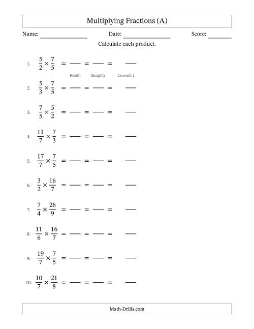 The Multiplying Two Improper Fractions with All Simplifying (Fillable) (A) Math Worksheet