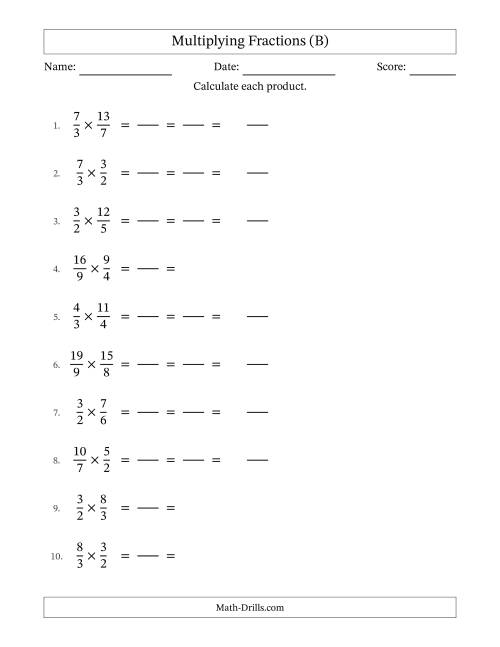 The Multiplying Two Improper Fractions with All Simplification (Fillable) (B) Math Worksheet