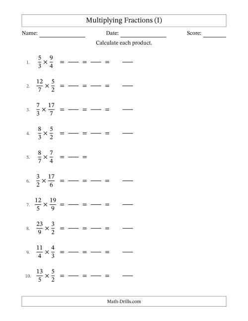 The Multiplying Two Improper Fractions with All Simplification (Fillable) (I) Math Worksheet