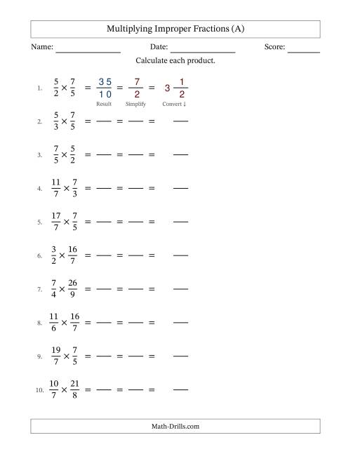 The Multiplying Two Improper Fractions with All Simplifying (Fillable) (All) Math Worksheet