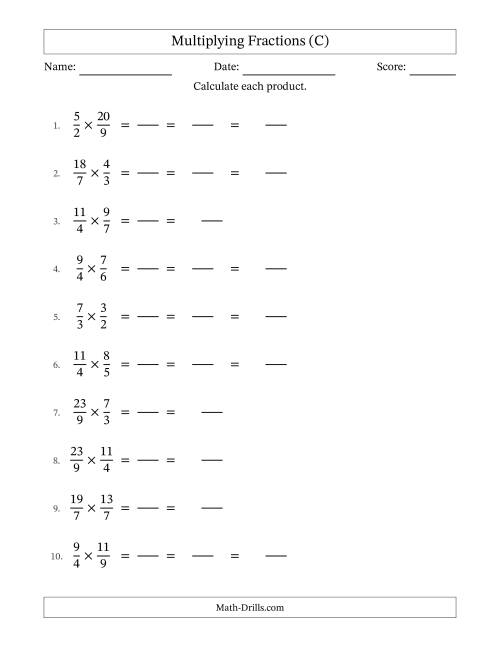 The Multiplying Two Improper Fractions with Some Simplification (Fillable) (C) Math Worksheet