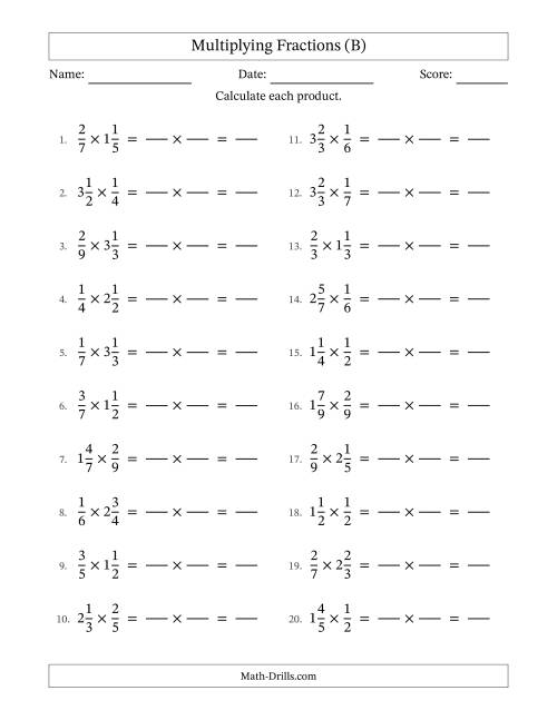 The Multiplying Proper and Mixed Fractions with No Simplification (Fillable) (B) Math Worksheet