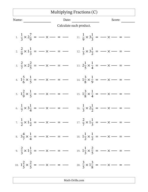 The Multiplying Proper and Mixed Fractions with No Simplification (Fillable) (C) Math Worksheet