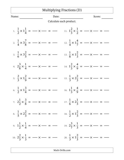 The Multiplying Proper and Mixed Fractions with No Simplification (Fillable) (D) Math Worksheet