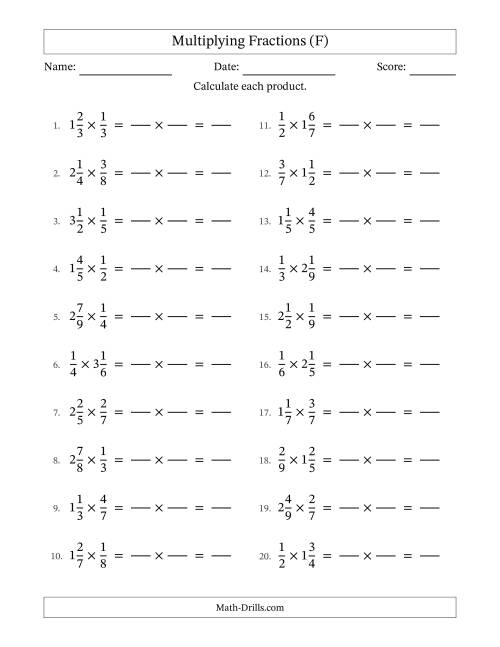 The Multiplying Proper and Mixed Fractions with No Simplification (Fillable) (F) Math Worksheet
