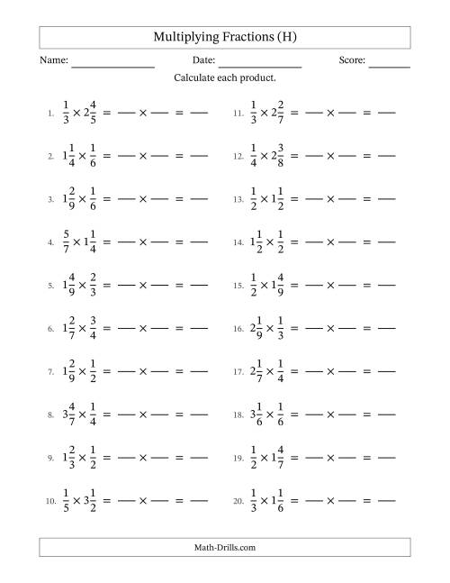 The Multiplying Proper and Mixed Fractions with No Simplification (Fillable) (H) Math Worksheet