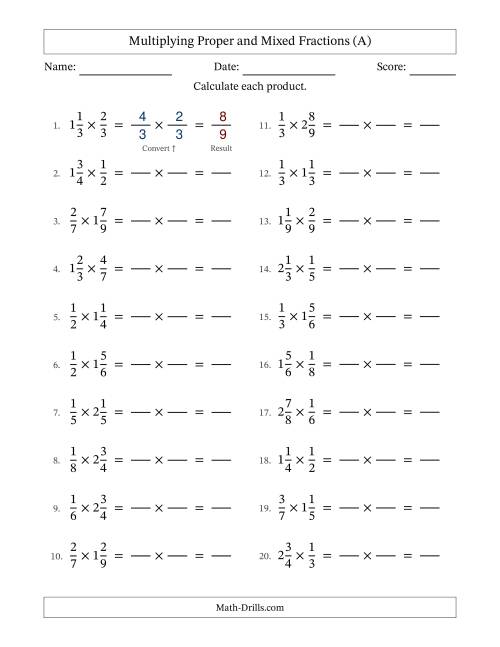 The Multiplying Proper and Mixed Fractions with No Simplifying (Fillable) (All) Math Worksheet