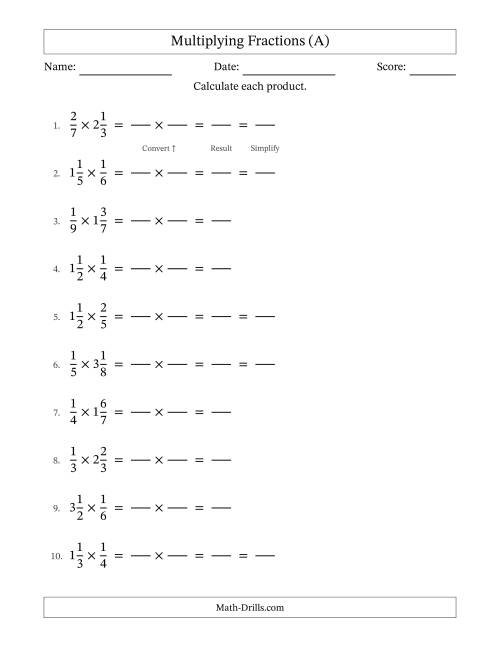 The Multiplying Proper and Mixed Fractions with Some Simplifying (Fillable) (A) Math Worksheet