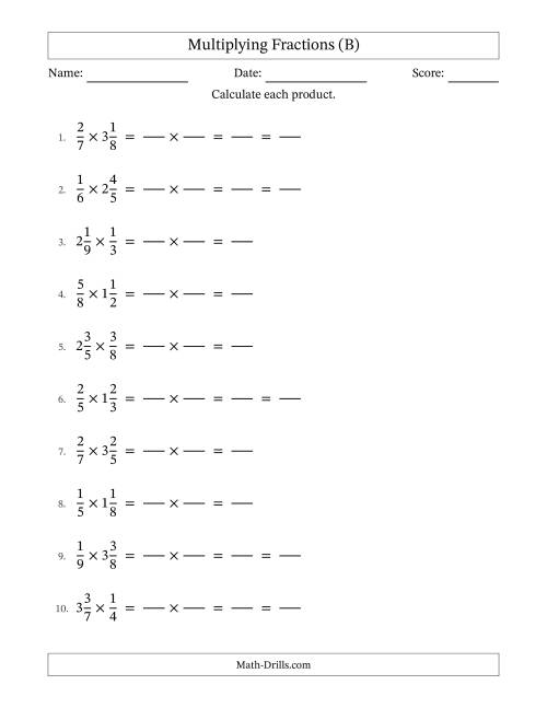 The Multiplying Proper and Mixed Fractions with Some Simplification (Fillable) (B) Math Worksheet