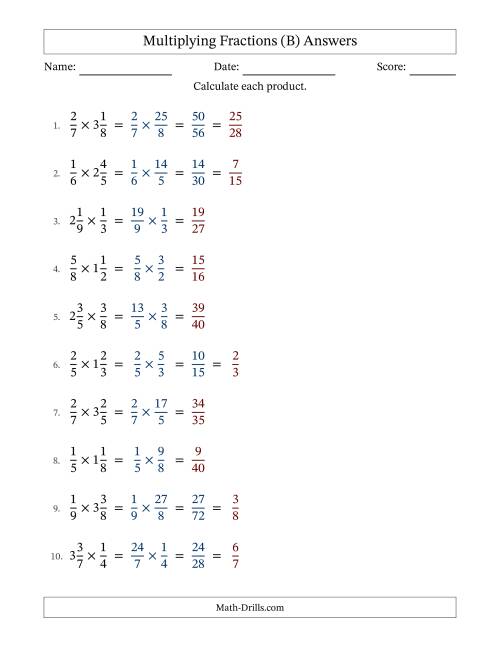 The Multiplying Proper and Mixed Fractions with Some Simplification (Fillable) (B) Math Worksheet Page 2