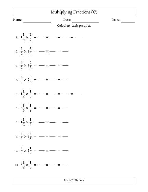 The Multiplying Proper and Mixed Fractions with Some Simplification (Fillable) (C) Math Worksheet