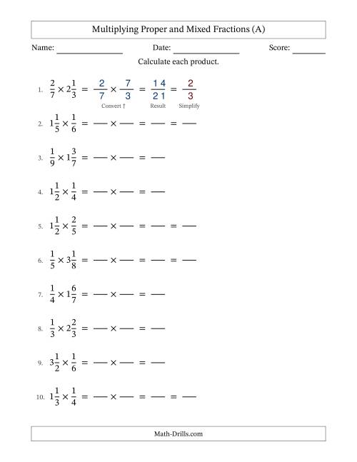 The Multiplying Proper and Mixed Fractions with Some Simplifying (Fillable) (All) Math Worksheet