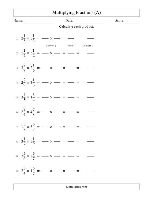 The Multiplying Two Mixed Fractions with No Simplifying (Fillable) (A) Math Worksheet
