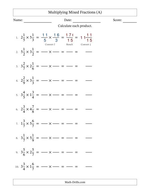 The Multiplying Two Mixed Fractions with No Simplifying (Fillable) (All) Math Worksheet