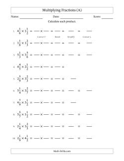 Multiplying Two Mixed Fractions with Some Simplification (Fillable)