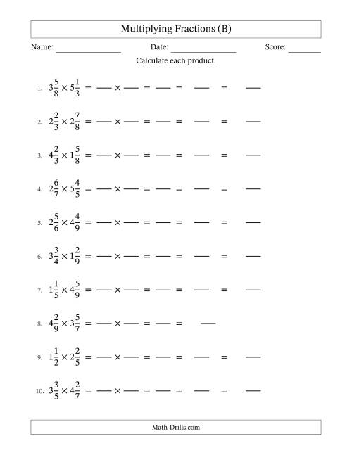 The Multiplying Two Mixed Fractions with Some Simplification (Fillable) (B) Math Worksheet