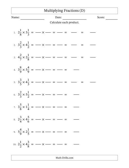 The Multiplying Two Mixed Fractions with Some Simplification (Fillable) (D) Math Worksheet