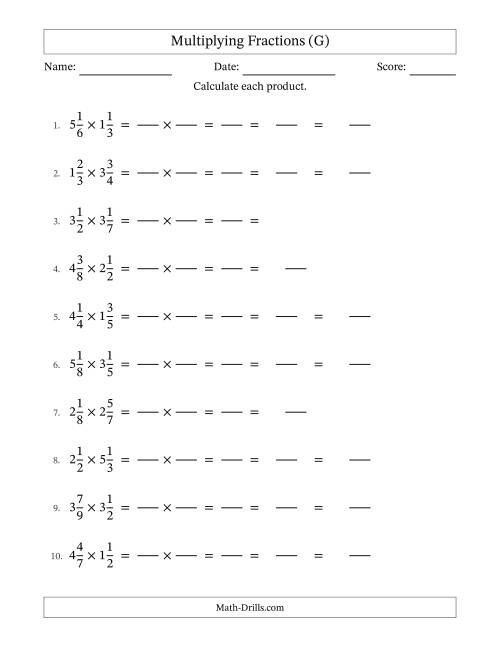 The Multiplying Two Mixed Fractions with Some Simplification (Fillable) (G) Math Worksheet