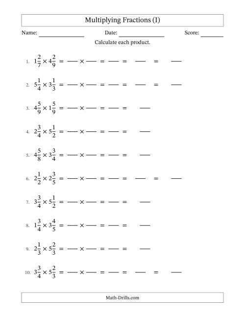 The Multiplying Two Mixed Fractions with Some Simplification (Fillable) (I) Math Worksheet
